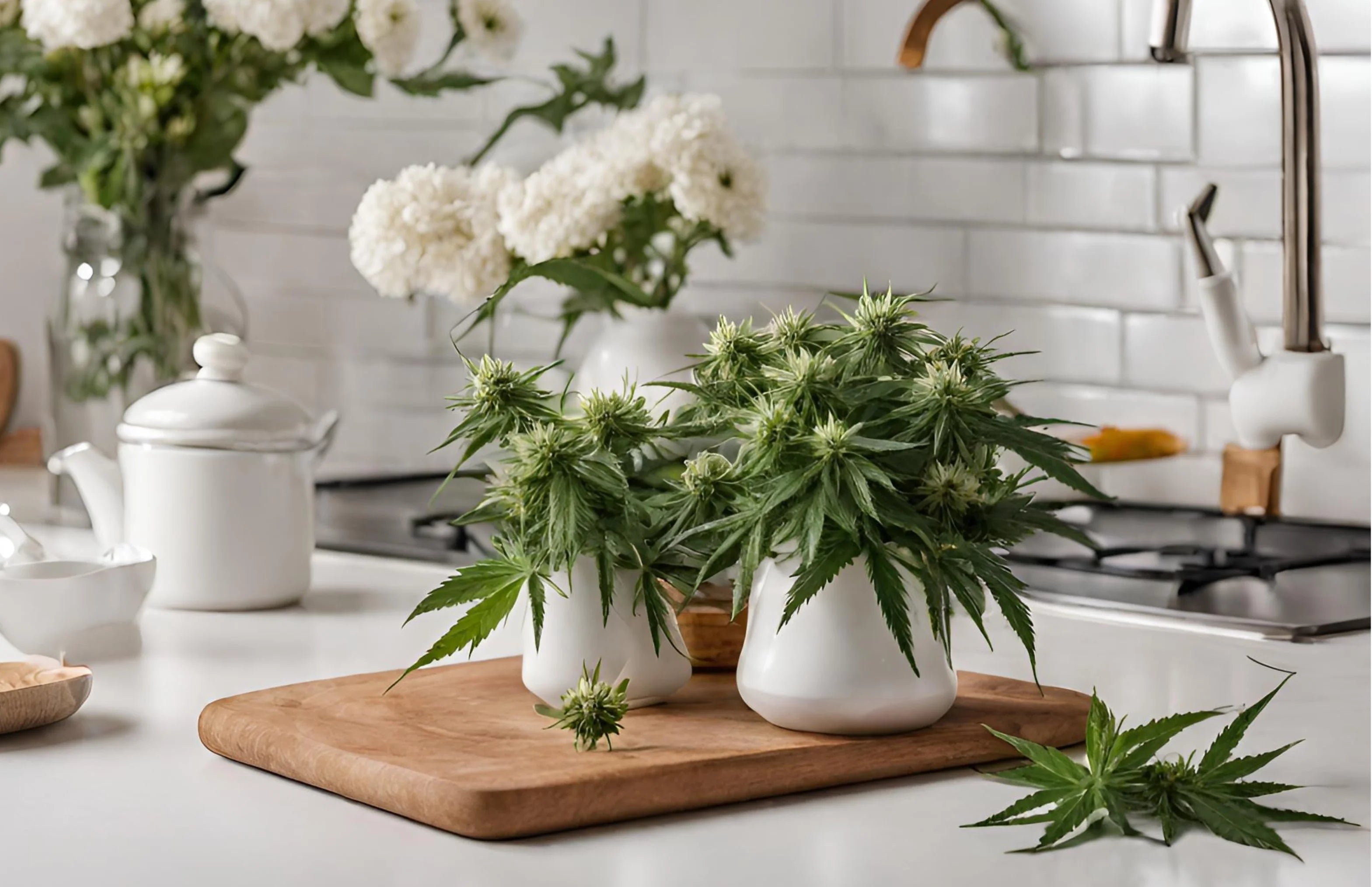 Fleurs de chanvre disposé dans un pot blanc qui se trouve dans une cuisine de grand-mère blanche 