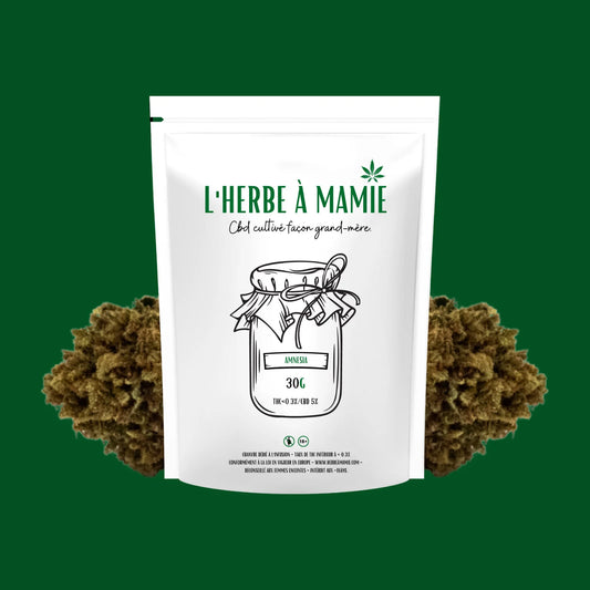 Packaging L'Herbe à Mamie blanc plus fleur de CBD amnésia