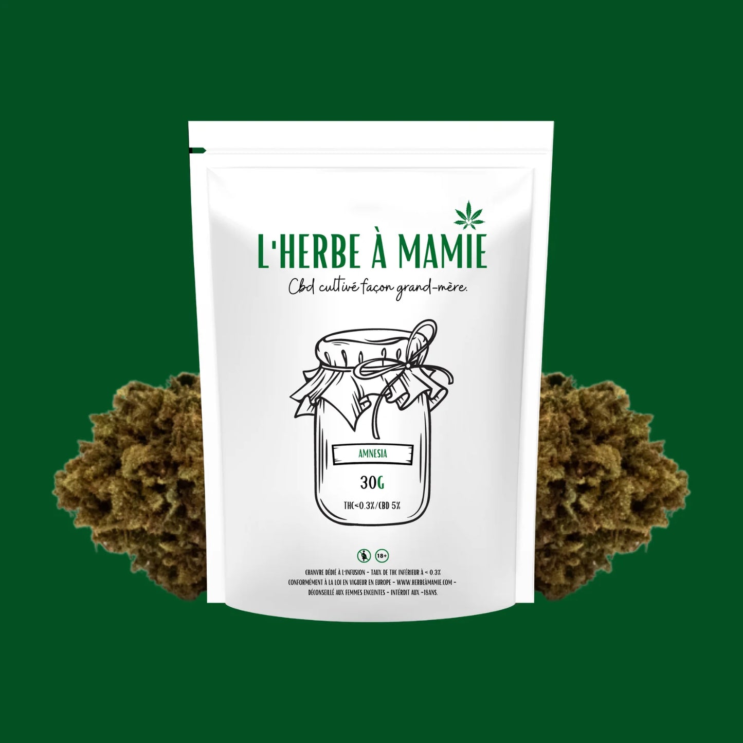 Packaging L'Herbe à Mamie blanc plus fleur de CBD amnésia