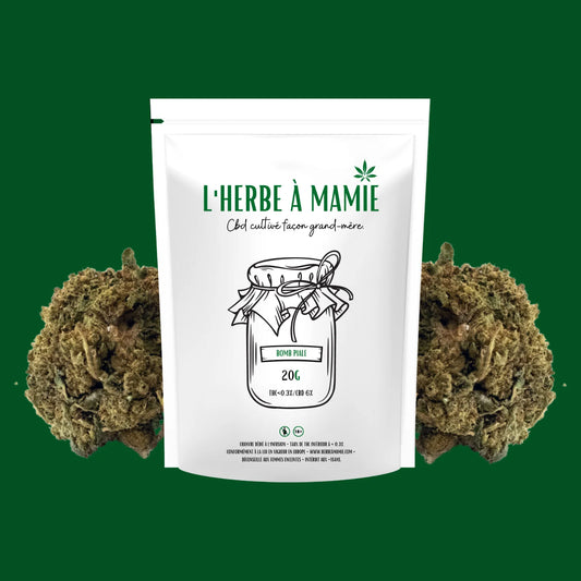 Packaging L'Herbe à Mamie blanc plus fleur de CBD Bomb Piale 