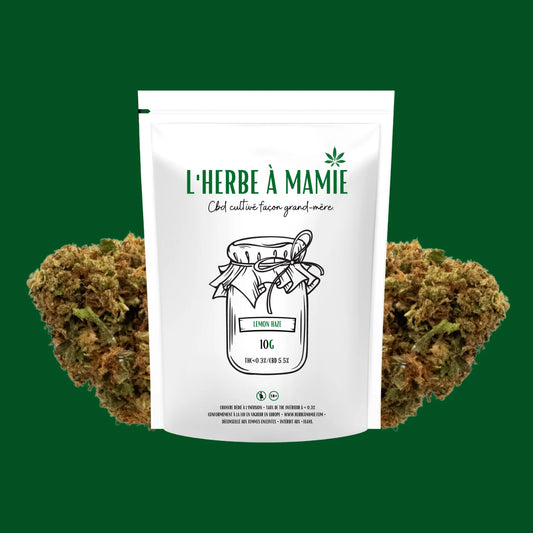 Packaging L'Herbe à Mamie blanc plus fleur de CBD Lemon Haze 