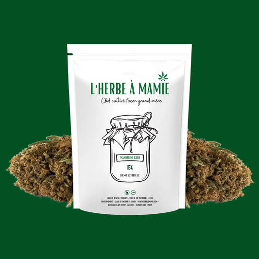 Packaging L'Herbe à Mamie blanc plus fleur de CBD Mandarine Kush