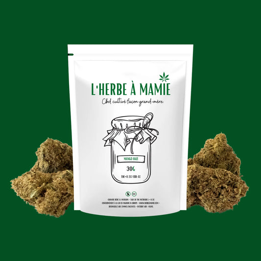 Packaging L'Herbe à Mamie blanc plus fleur de CBD Mango Haze 