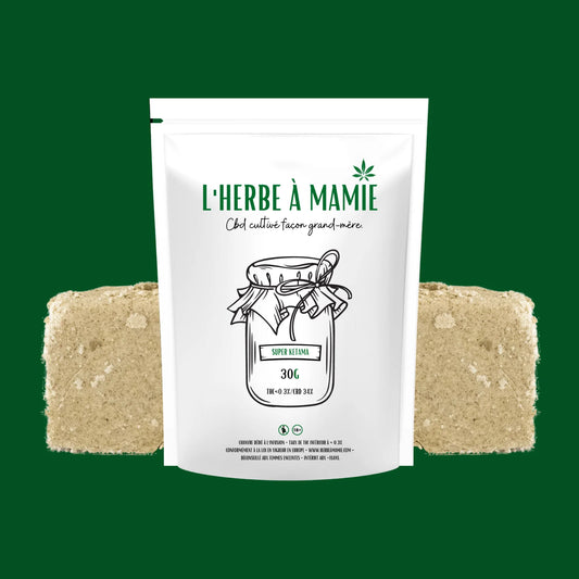 Packaging L'Herbe à Mamie blanc plus résine de CBD Super Ketama